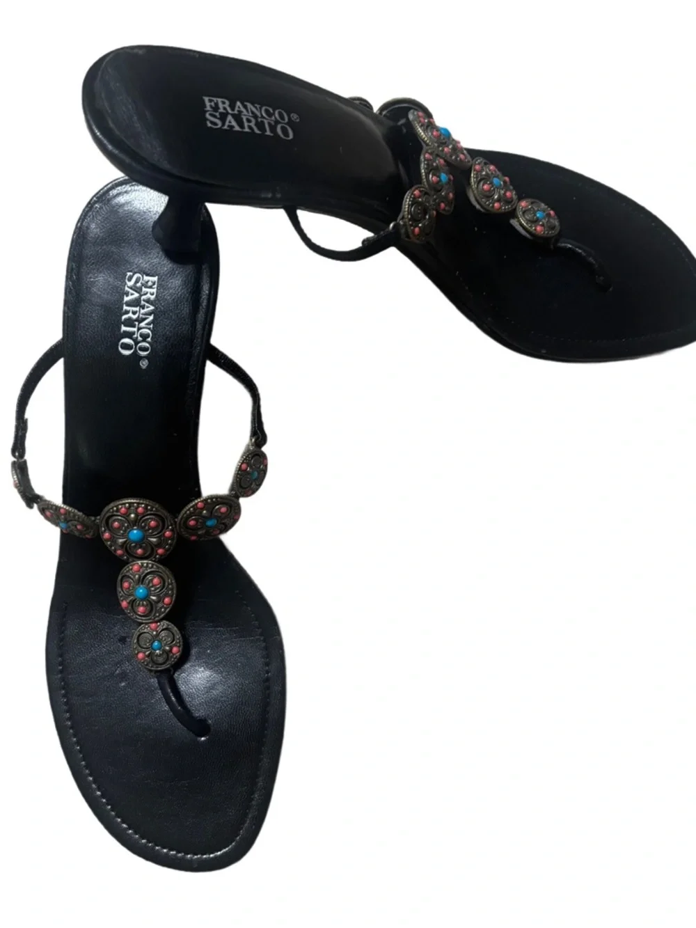 Franco Sarto Black Leather Kitten Heel Sandals Boho Beaded Thong 7.5